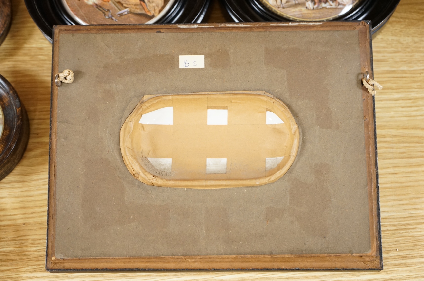 Ten various pot lids, including a rectangular shaped pot lid and frame; Wouvermann Pinx. 15cm wide not including frame.